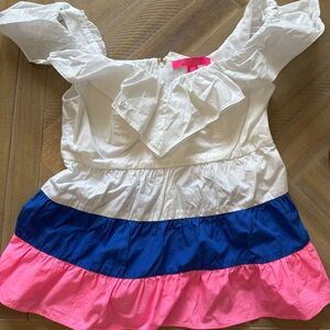 Lilly Pulitzer White, Blue, and Pink Ruffled Off the shoulder top